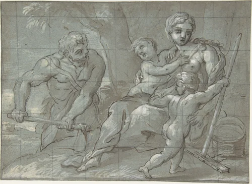 Adam and Eve after Their Expulsion with the Infants Cain and Abel by Giovanni Andrea Carlone, drawing, 1639-1697