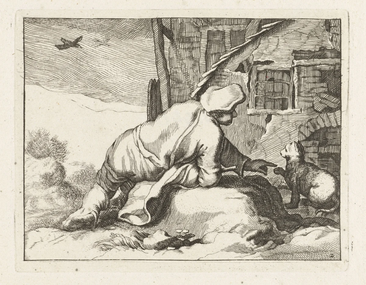 Jongen speelt met kat bij een huis by anonymous, print, 1620-1670