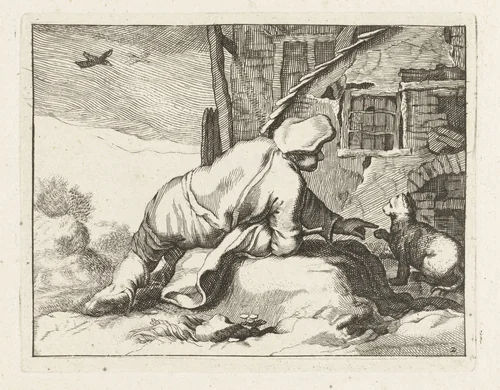 Jongen speelt met kat bij een huis by anonymous, print, 1620-1670