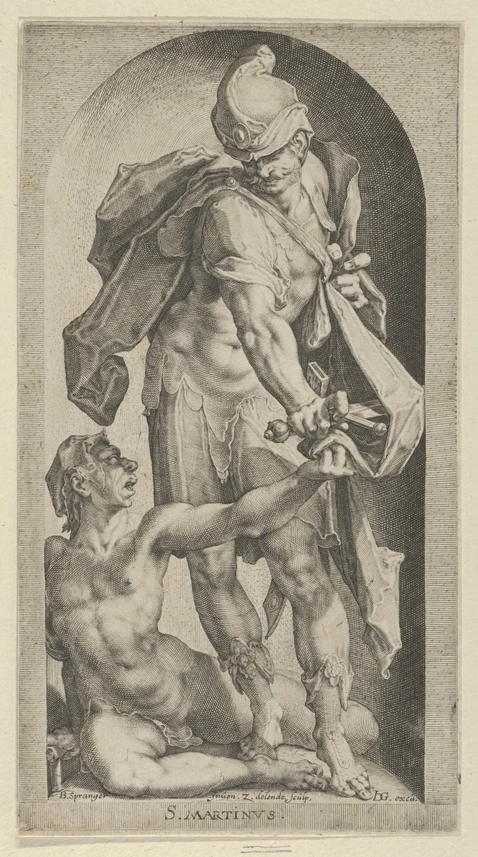 Saint Martin and Beggar by Zacharias Dolendo, print, 1561-1604