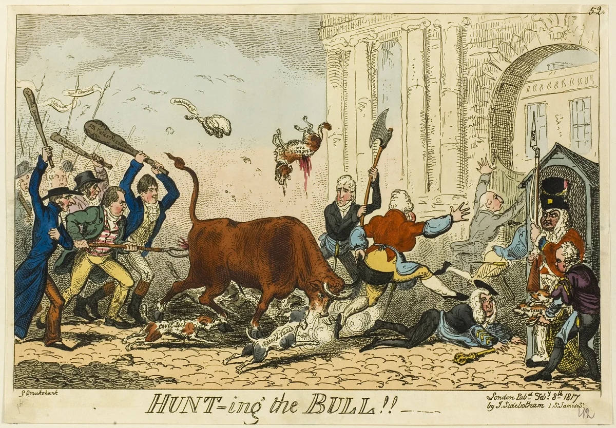 Hunt-ing the Bull!! by George Cruikshank, print, 1817