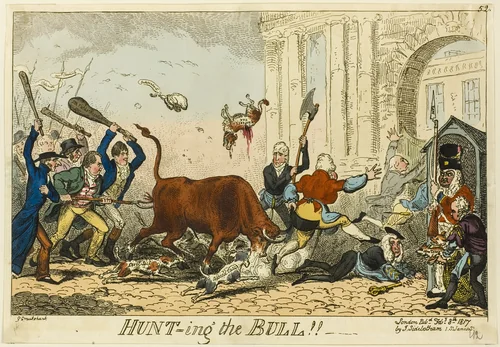 Hunt-ing the Bull!! by George Cruikshank, print, 1817