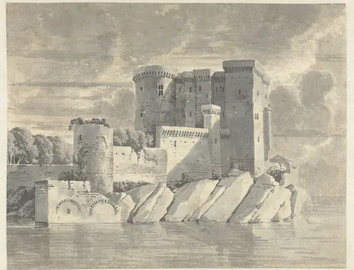 Burcht op rotsen aan water by anonymous, drawing, 1600-1699