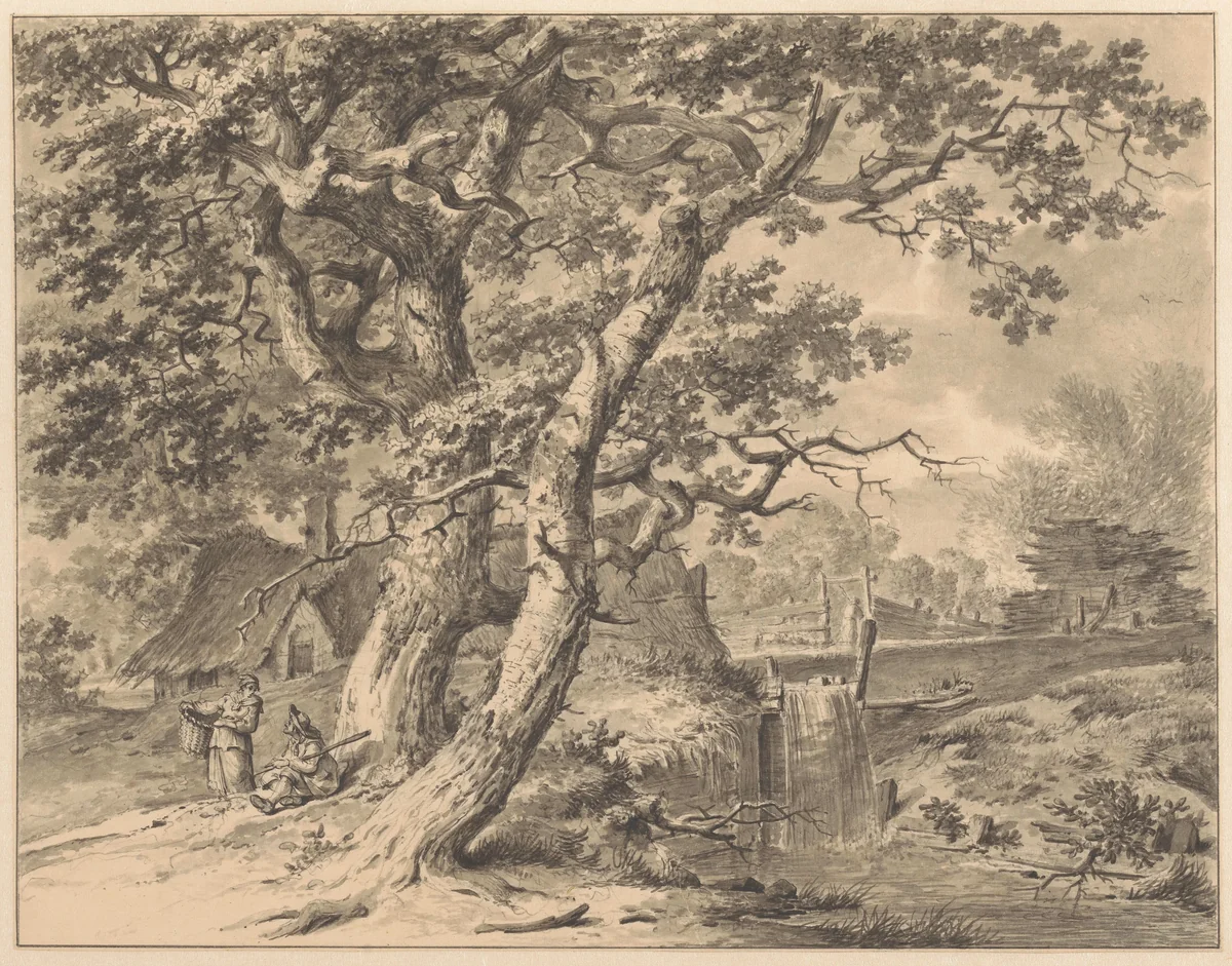 Landschap met watervalletje onder twee grote bomen by Pieter Pietersz. Barbiers, drawing, 1759-1842
