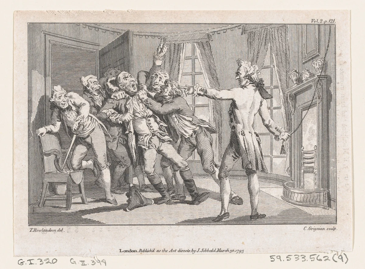 Lord Oxmington Repelling Lismahago's Challenge to Single Combat, an illustration from Tobias Smollett's "The Expedition of Humphry Clinker" (London, 1793), Vol. 1 by Charles Grignion, print, 1793