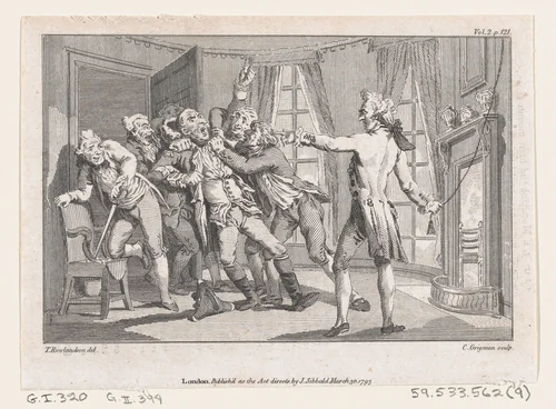 Lord Oxmington Repelling Lismahago's Challenge to Single Combat, an illustration from Tobias Smollett's "The Expedition of Humphry Clinker" (London, 1793), Vol. 1 by Charles Grignion, print, 1793