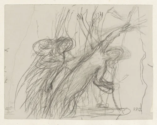 Schets van twee vrouwelijke figuren, waarvan één met opgeheven armen achterovervalt by Pierre Puvis de Chavannes, drawing, 1834-1898