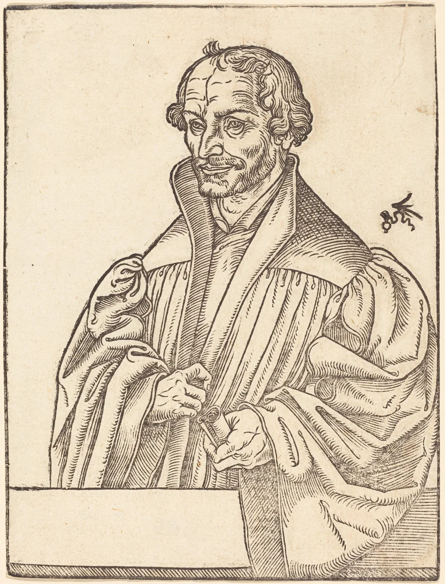 Philip Melanchton, Half-Length to the Left, Standing Behind a Breastwork by Lucas Cranach the Younger, print, 1515-1586