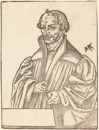 Philip Melanchton, Half-Length to the Left, Standing Behind a Breastwork by Lucas Cranach the Younger, print, 1515-1586