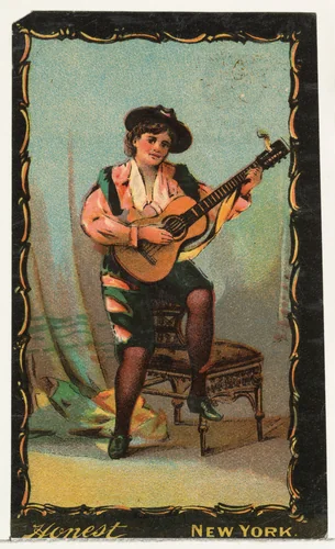 Actress playing guitar, from the Transparencies series (N137) issued by W. Duke, Sons & Co. to promote Honest Long Cut Tobacco by W. Duke, Sons & Co., print, 1884-1890