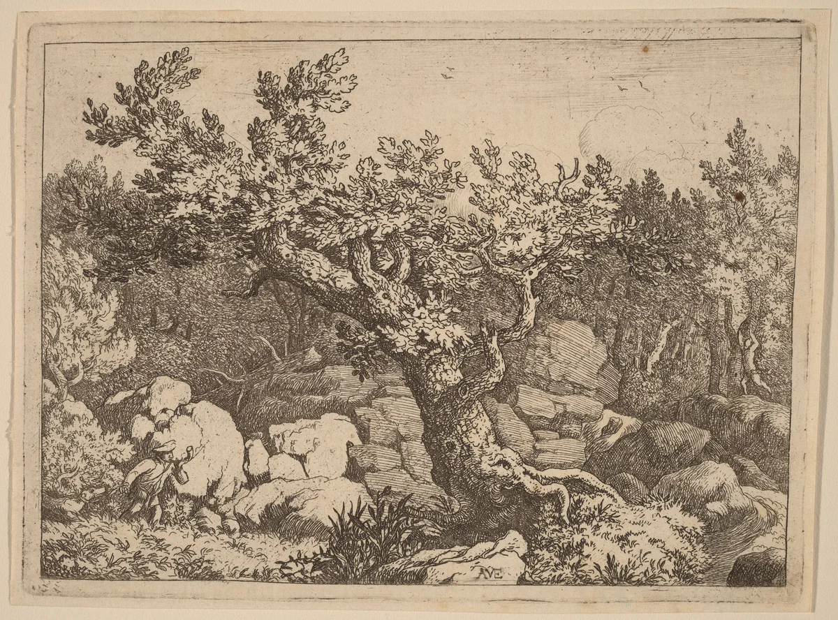 Sportsman near a Large Tree by Allart van Everdingen, print, 1645-1656