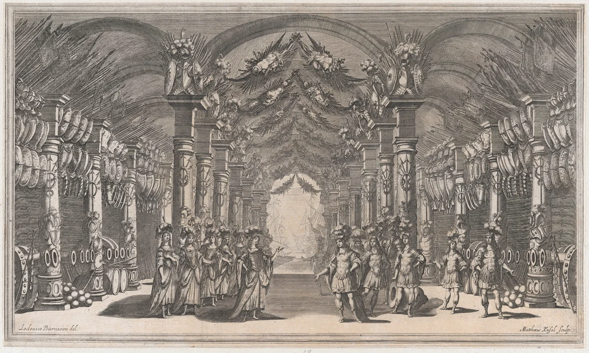 Arsenal of Mars; a group of soldiers standing across from a group of women in an arsenal; ships off in the distance; set design from 'Il Pomo D'Oro' by Mathäus Küsel, print, 1668