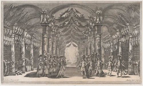 Arsenal of Mars; a group of soldiers standing across from a group of women in an arsenal; ships off in the distance; set design from 'Il Pomo D'Oro' by Mathäus Küsel, print, 1668