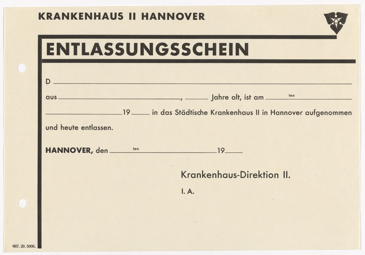 Stationery discharge certificate for the Hannover Hospital II (Krankenhaus II) by Kurt Schwitters, design, 1929