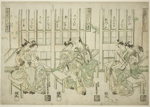 Set of Three, Love Birds in Three Kinds of Music (Sampukutsui hiyoku no san kyoku) by Nishimura Shigenaga, print, 1743-1753