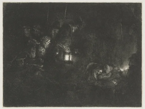 The Adoration of the Shepherds by Rembrandt van Rijn, print, 1657