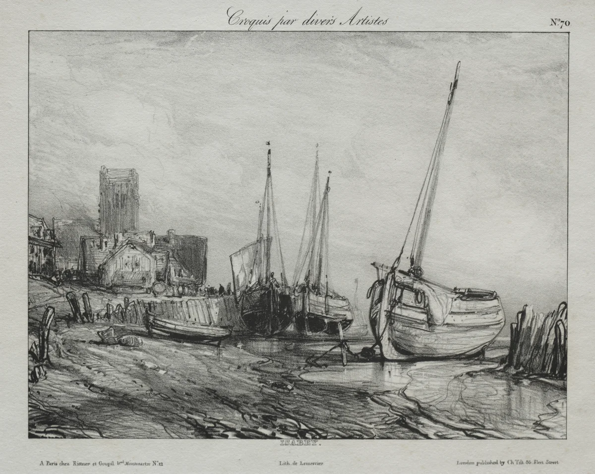 Fishing Boats along the Beach by Eugène Isabey, print, 1825-1835