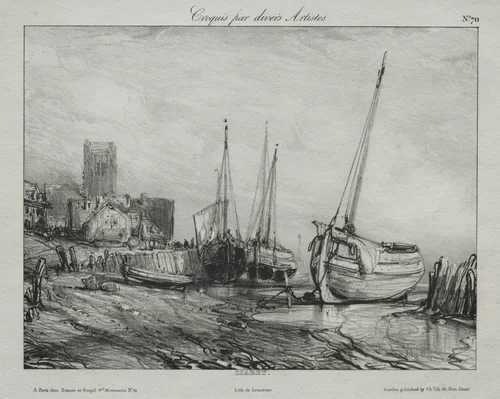 Fishing Boats along the Beach by Eugène Isabey, print, 1825-1835