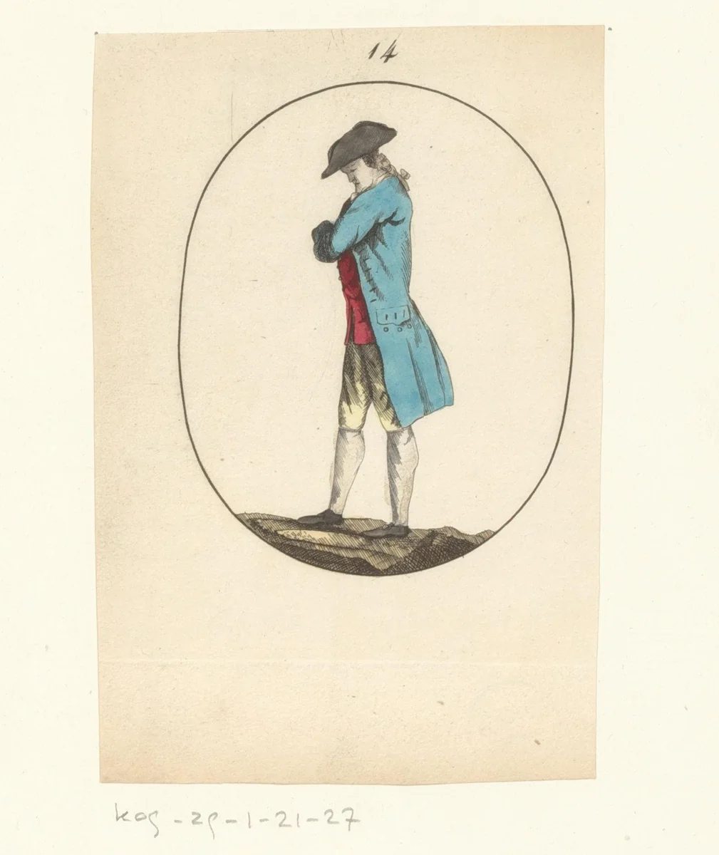 Staande man met zijn armen over elkaar by anonymous, print, 1750-1849