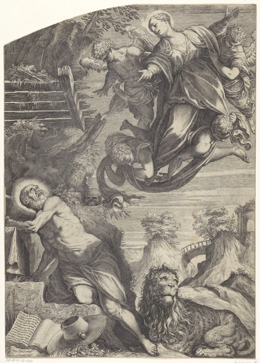 Maria verschijnt aan de heilige Hieronymus by Unknown, print, 1588