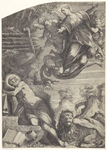 Maria verschijnt aan de heilige Hieronymus by Unknown, print, 1588
