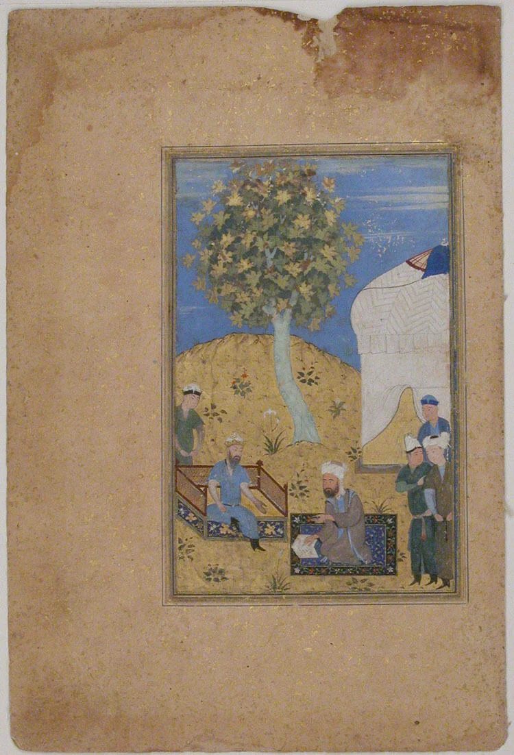"Sultan Listening to a Man Reading from a Manuscript", Folio from a Manuscript by Mir Ali Shir Nava'i by Mir Ali Shir Nava'i, manuscript, 1500-1525