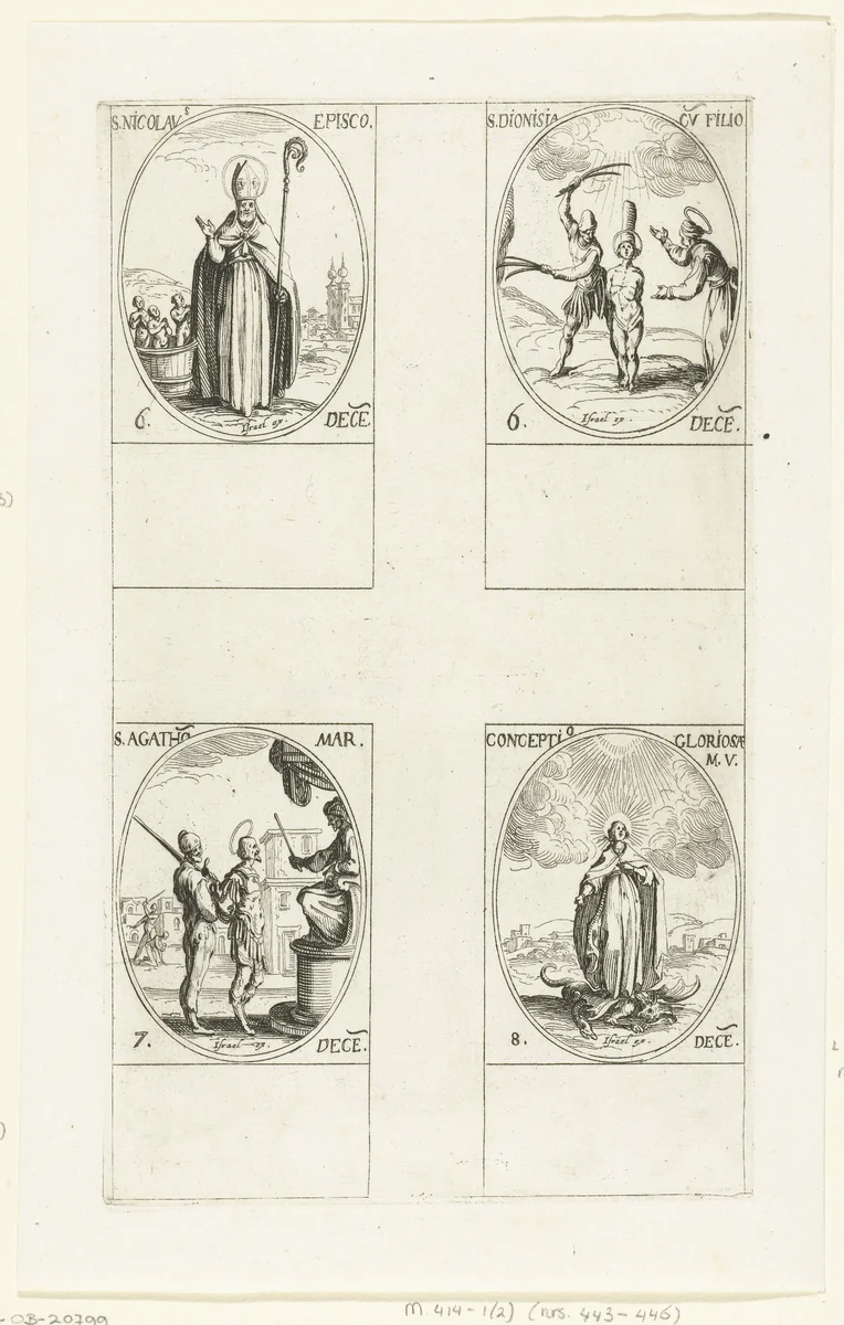 Heilige Nicolaas van Myra, Heilige Dionysia en Heilige Majoricus van Afrika, Heilige Agathopus van Kreta, Maria vertrapt een draak (Maria's Onbevlekte Ontvangenis) (6-8 december) by Jacques Callot, print, 1632-1636