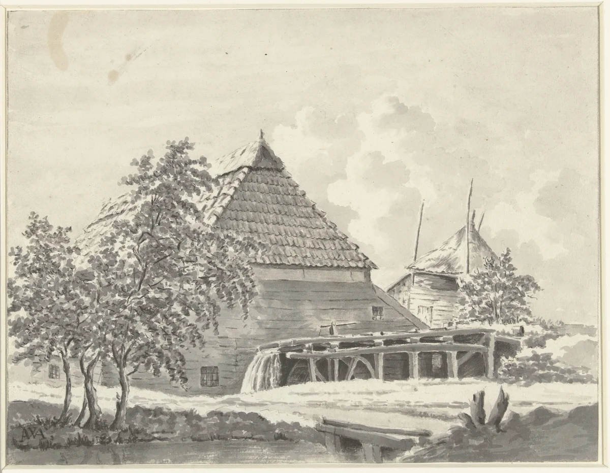 Watermolen by Monogrammist AWA, drawing, 1700-1800