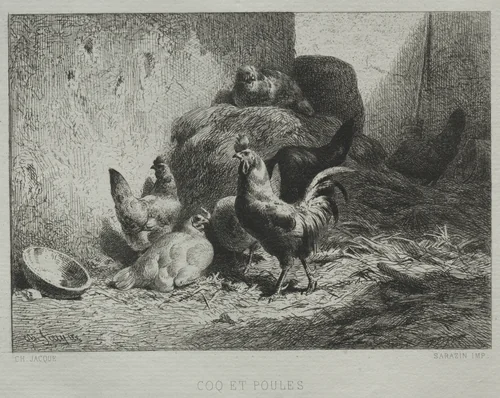 Cock and Hens by Charles-Émile Jacque, print, 1864