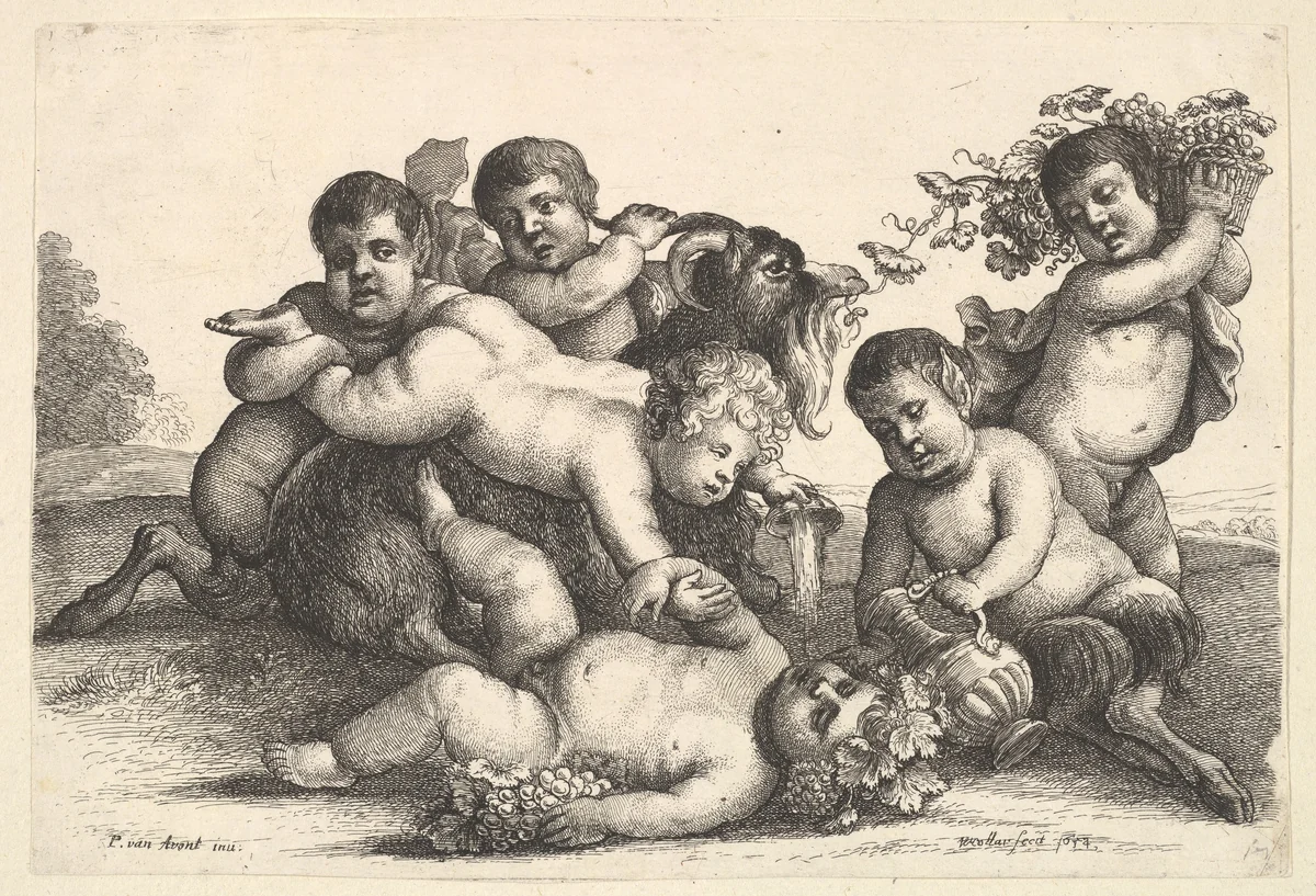 Four boys, two satyrs and a goat by Wenceslaus Hollar, print, 1654