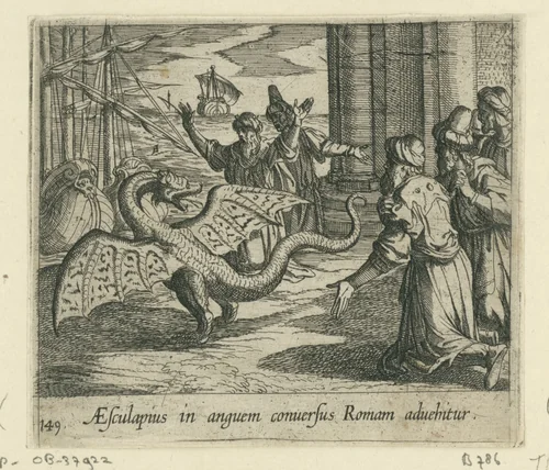 Aesculapius als een draak tussen de Romeinen by Antonio Tempesta, print, 1606