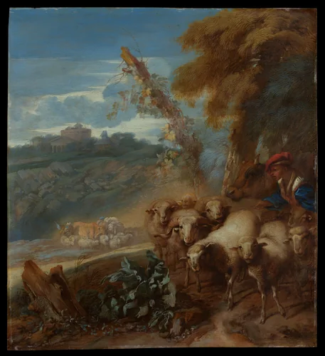 Roman Landscape with a Shepherd and Sheep by Giovanni Benedetto Castiglione, painting, 1647-1649