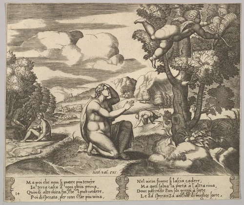 Plate 14: Cupid airborne gleeing from Psyche, from "The Fable of Cupid and Psyche" by Master of the Die, print, 1530-1560