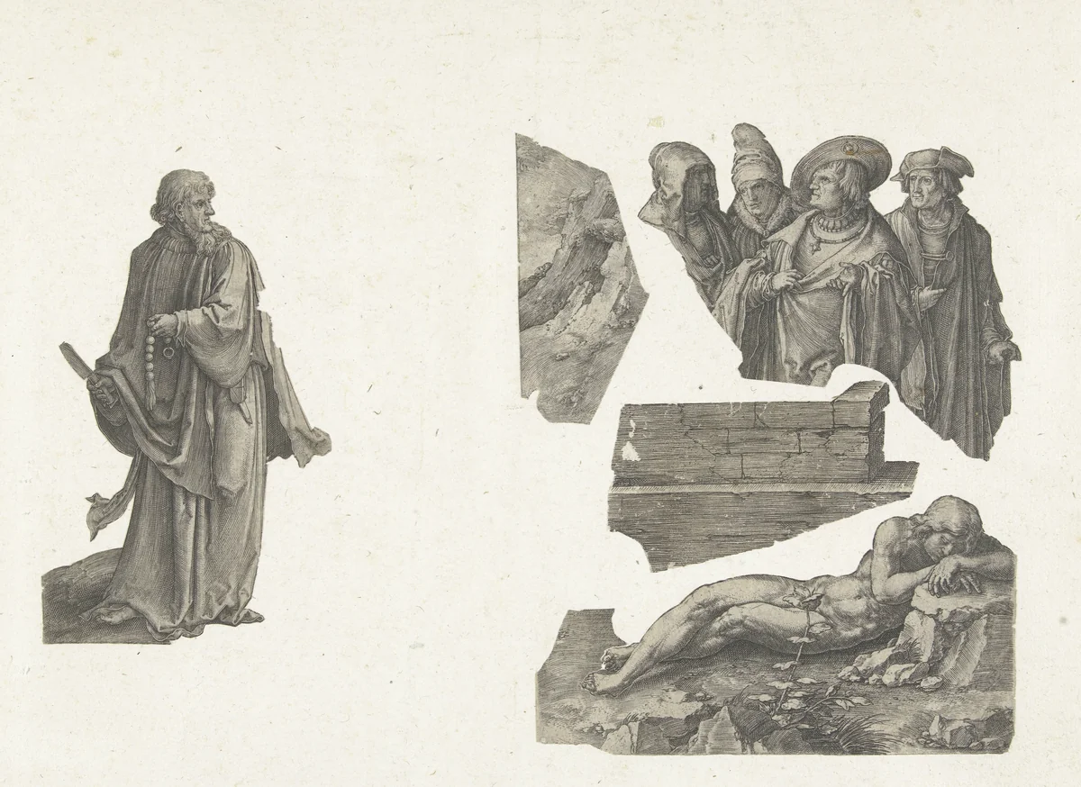 Vier staande mannen by Lucas van Leyden, print, 1518