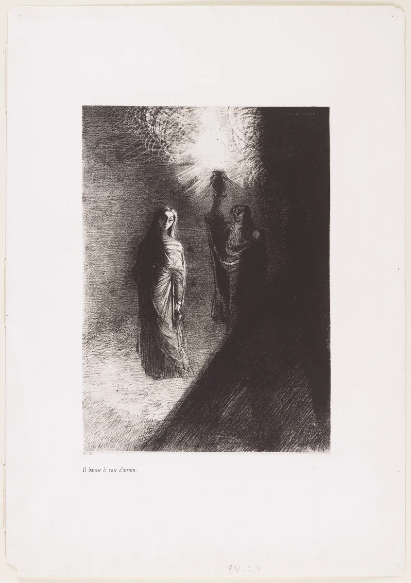 He Raises the Bronze Urn (Il hausse le vase d'airan) from The Temptation of Saint Anthony (La Tentation de Saint-Antoine) by Odilon Redon, print, 1888