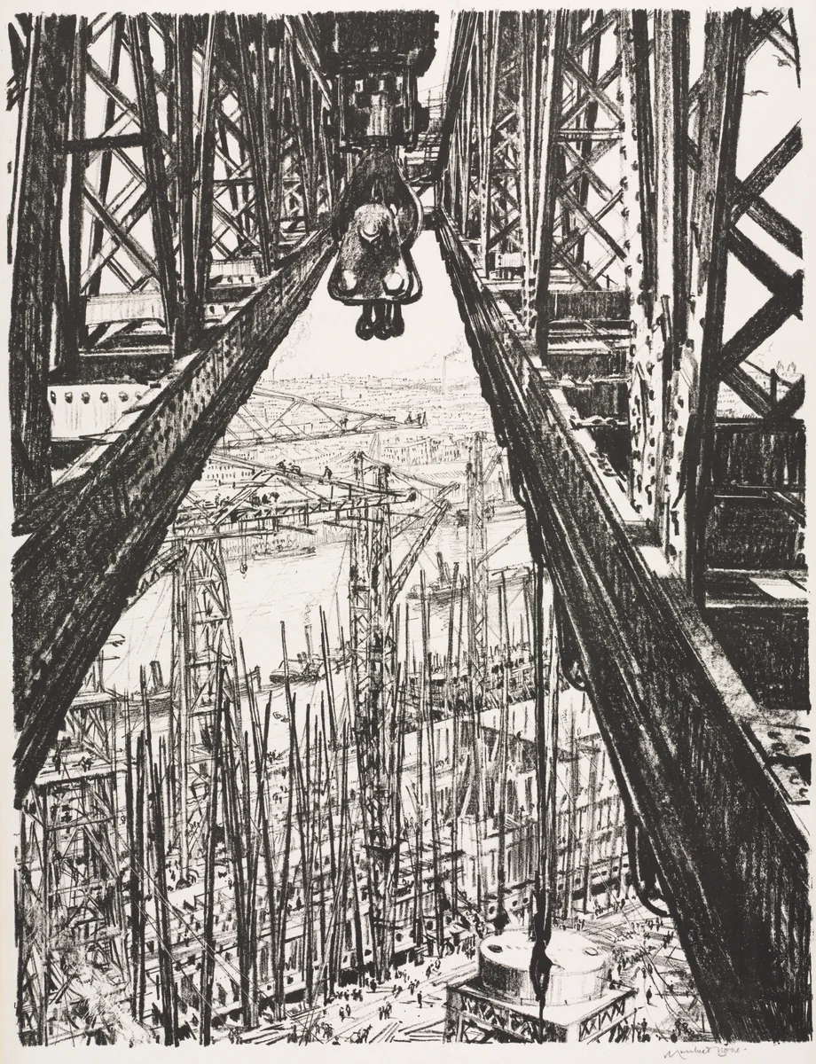The Great War: Britain's Efforts and Ideals; Building Ships: A Shipyard Seen from a Big Crane by Muirhead Bone, print, 1917