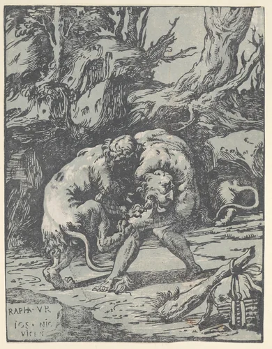 Hercules and the Nemean Lion by Niccolò Vicentino, print, 1540-1550