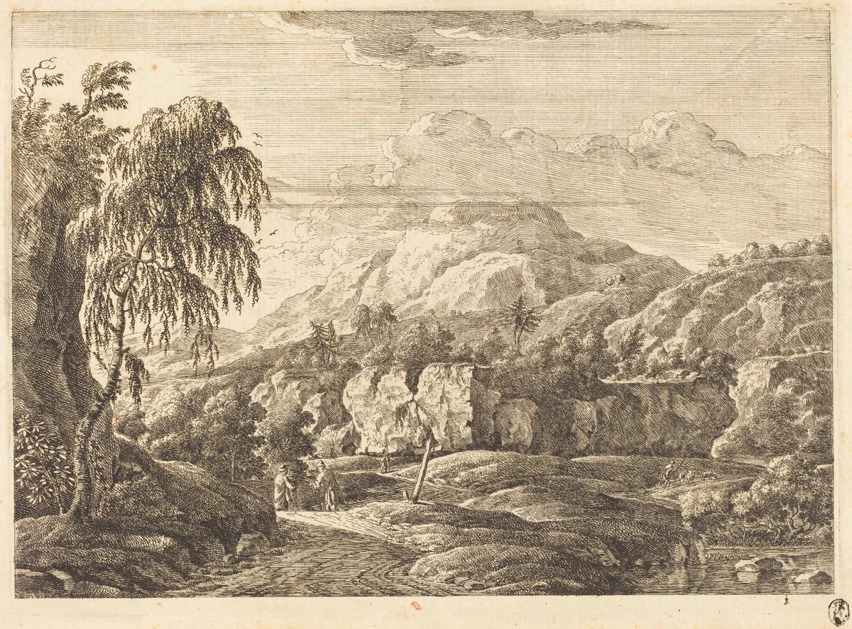 Landscape with Cross and Figures by Georg Eisenmann, print, 1719-1826