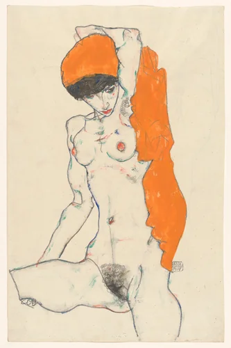 Standing Nude with Orange Drapery (recto): Study of Nude with Arms Raised (verso) by Egon Schiele, drawing, 1914