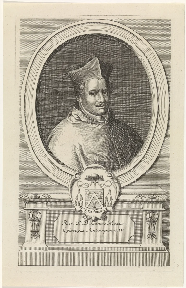 Portret van Johannes Miraeus by Jan Baptist Jongelinx, print, 1727-1734