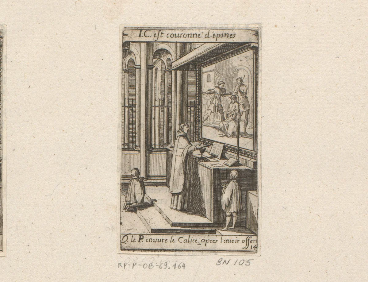Priester met twee misdienaars voor een altaar by Sébastien Leclerc, print, 1661