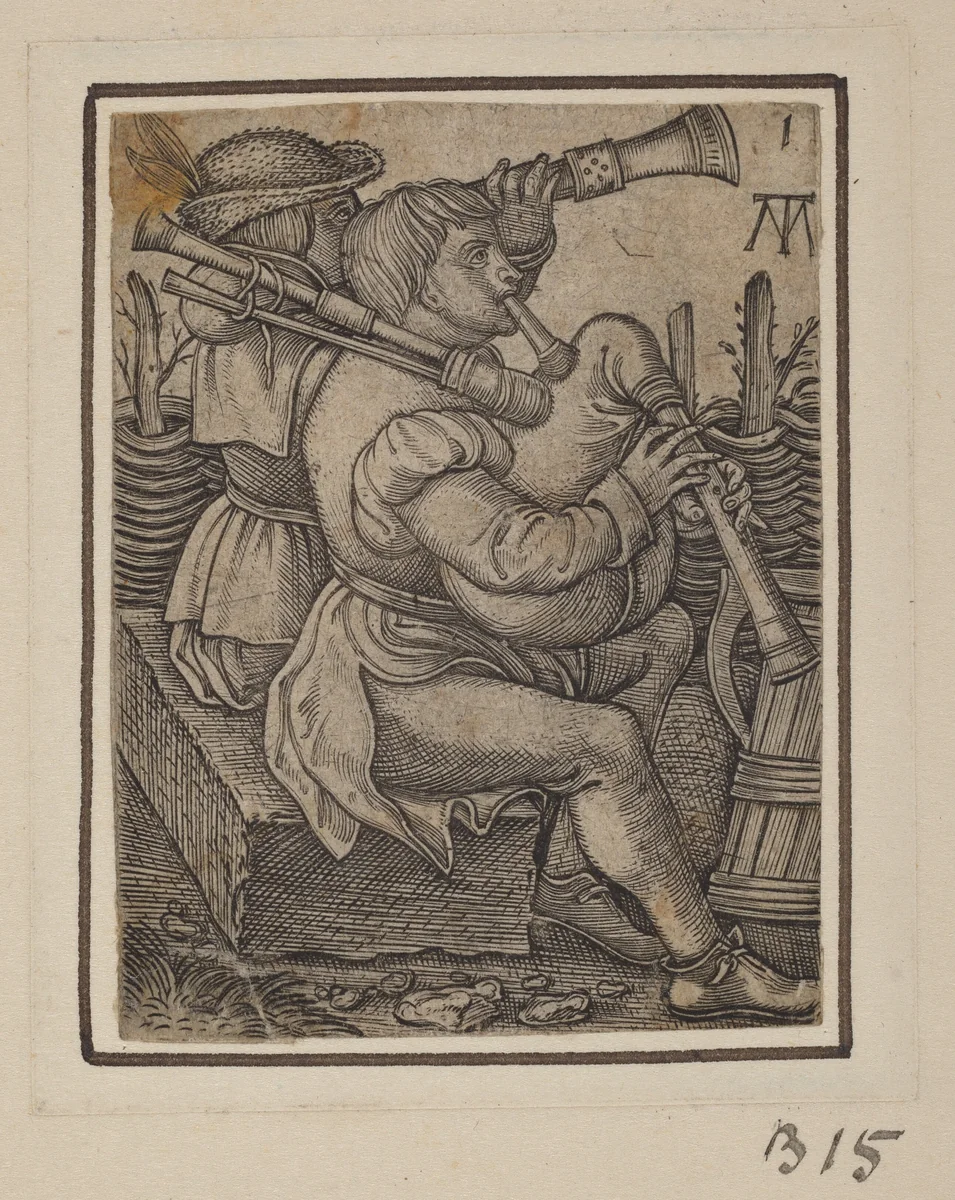 Bagpipe Players by Martin Treu, print, 1535-1545