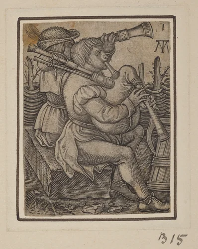 Bagpipe Players by Martin Treu, print, 1535-1545