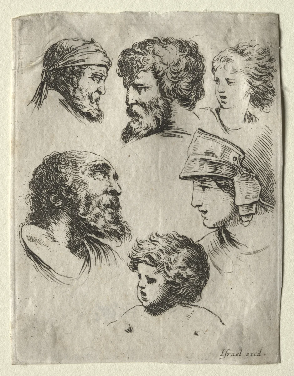 Book for Learning to Draw (Livre pour apprendre à dessiner): Six Portrait Heads by Israël Henriet, print, 1644-1654