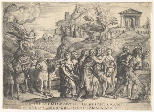 Triumph of Love: four horses draw a carriage with Cupid standing upon a smoking platform, preceded by gods and goddesses on foot, a temple with gabled pediment at crest of hill beyond, from "The Triumphs of Petrarch" by Georg Pencz, print, 1539