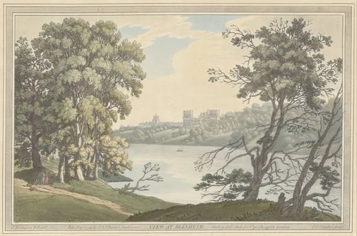 Gezicht op Blenheim Palace over het meer by Joseph Constantine Stadler, print, 1793