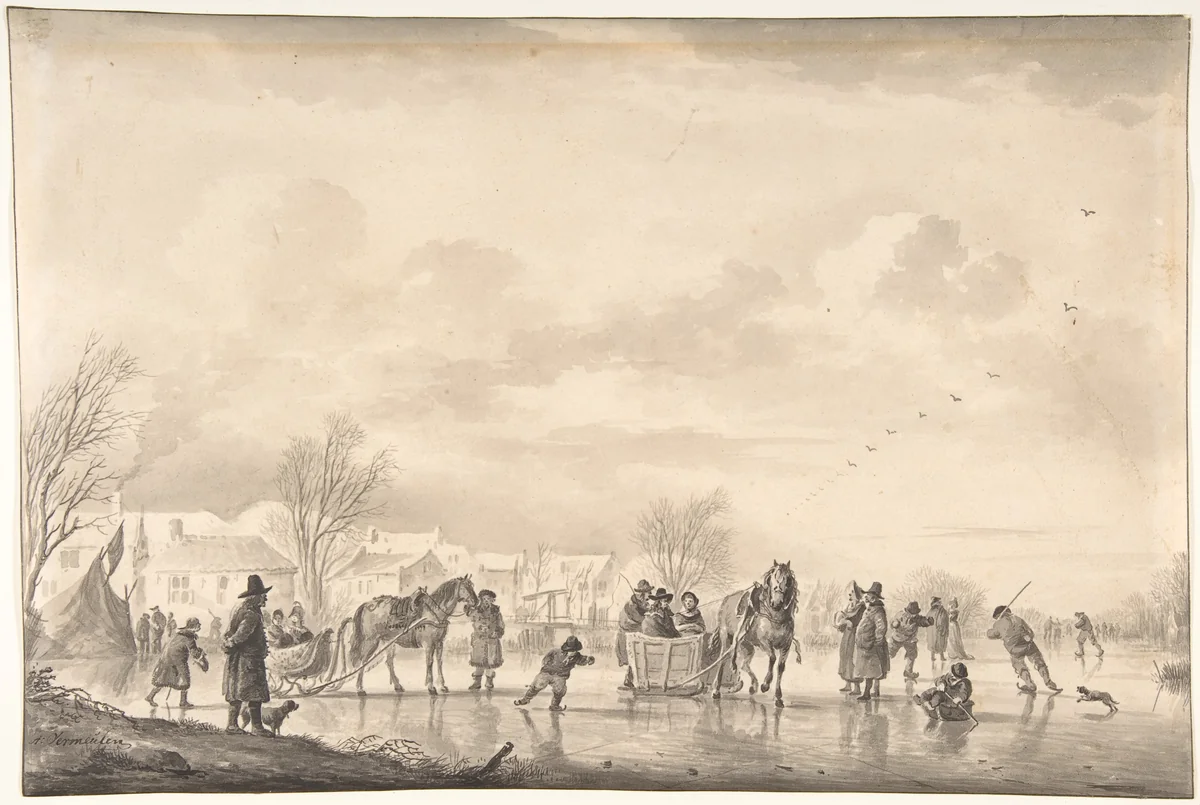 Winter Landscape with Skaters and Horse-Drawn Sledges on the Ice, a Village Below by Andries Vermeulen, drawing, 1793-1814