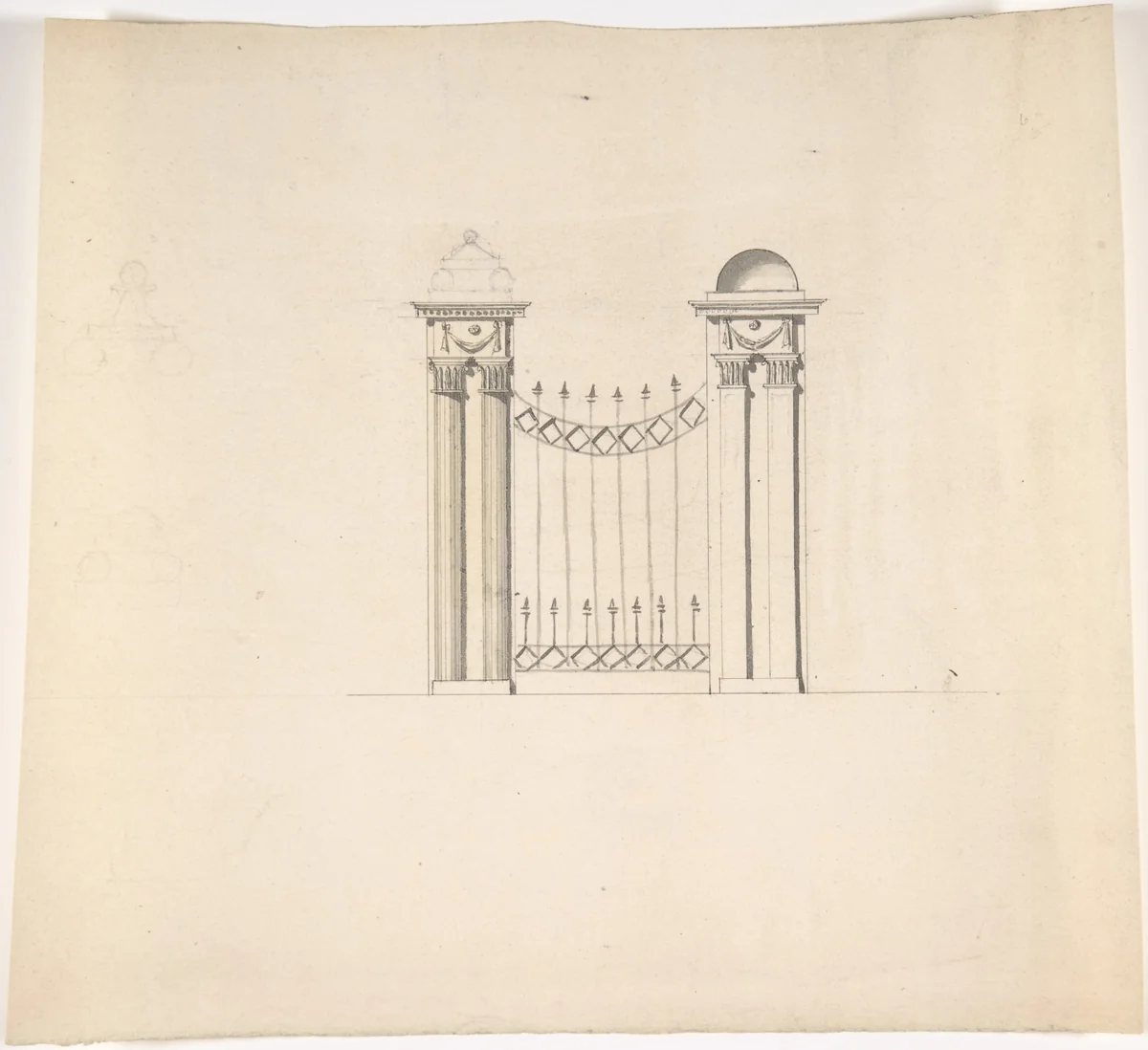 Design for Gate Piers with Paired Pilasters and Domed Caps, and a Gate by anonymous, drawing, 1700-1800