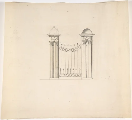 Design for Gate Piers with Paired Pilasters and Domed Caps, and a Gate by anonymous, drawing, 1700-1800