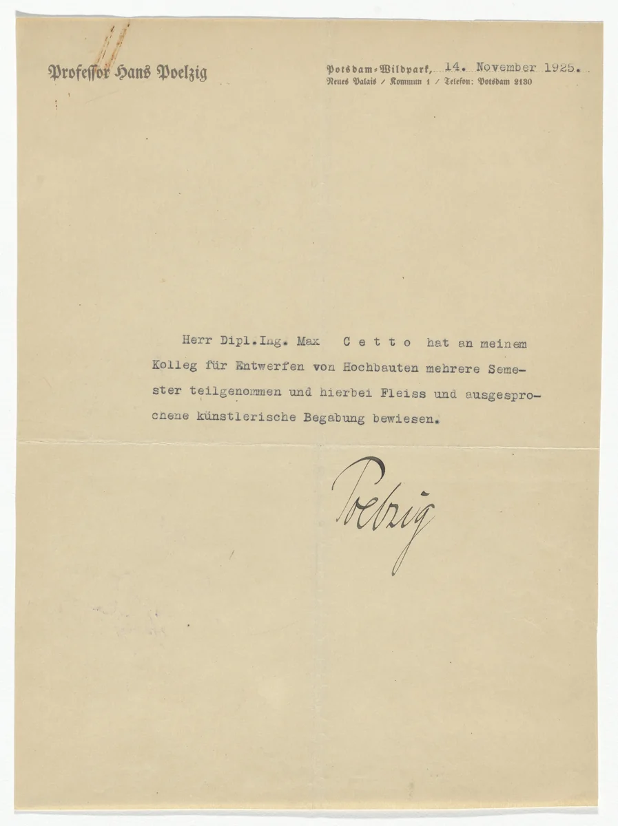Hans Poelzig letterhead (Letter to Max Cetto from Poelzig) by Unidentified Designer, design, 1925